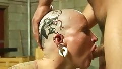 Tattoed pierced bald head slut nailed